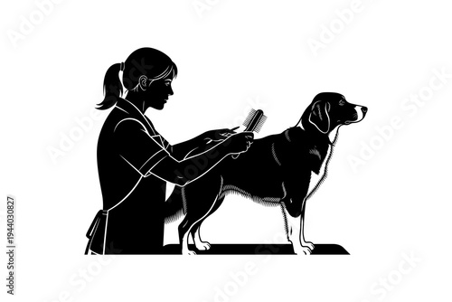 Silhouette of a dog groomer combing a dog on a table in a pet salon setting