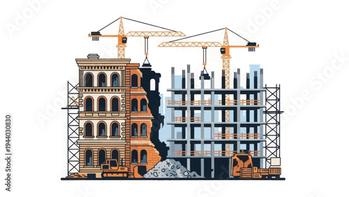 Urban Renewal: Old Building Demolition and New High-Rise Construction Site with Tower Cranes and Scaffolding.