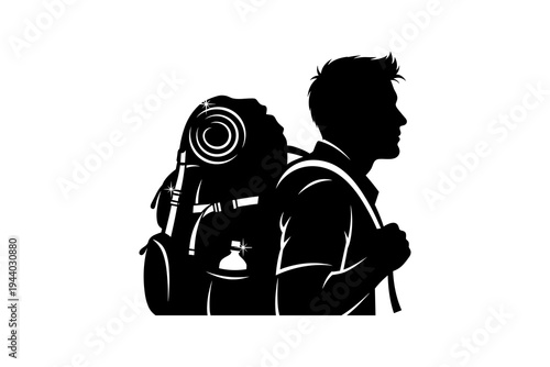 Adventurous backpacker silhouette with camping gear against white background