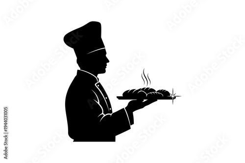 Silhouette of a chef holding freshly baked bread with steam rising