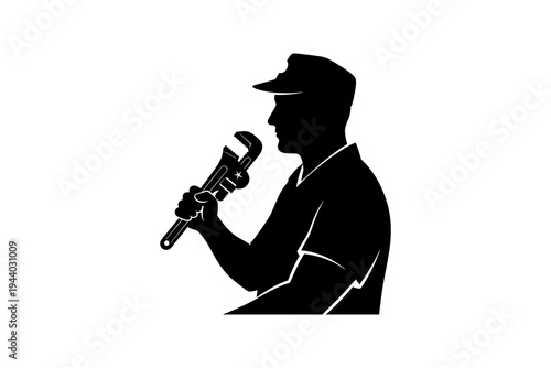 Plumber silhouette holding wrench in bold black and white design