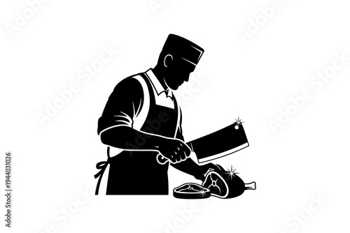 Silhouette of a butcher cutting meat with a cleaver in a kitchen scene