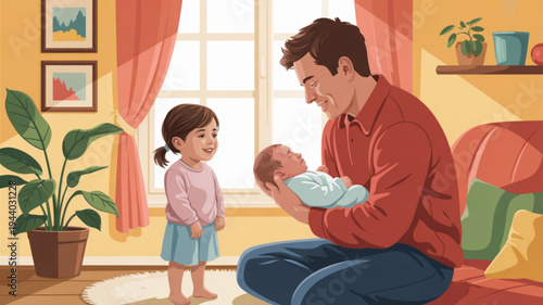 Loving father holding newborn baby with happy little girl in cozy living room with warm sunlight