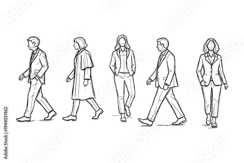 Business professionals in motion: hand drawn line art of people walking in formal attire