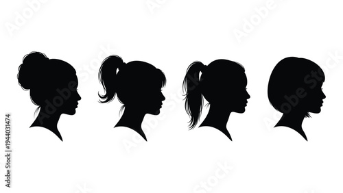 Silhouette of four women with different hairstyles facing right