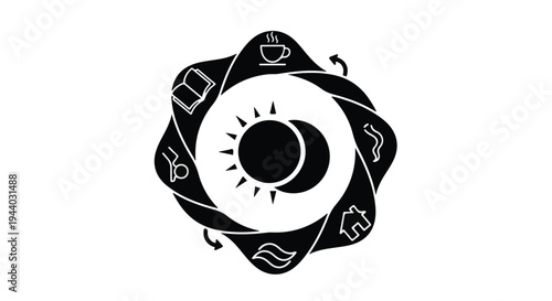 black and white circular symbol with sun moon and technology icons