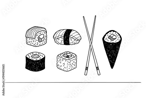Hand drawn sushi assortment with nigiri and temaki on white