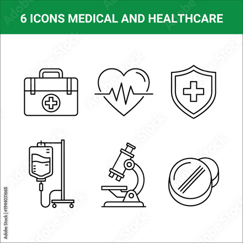 Set of 6 Medical and Healthcare Line Icons Vector Collection for Hospital, Clinic, First Aid, and Wellness Web Design