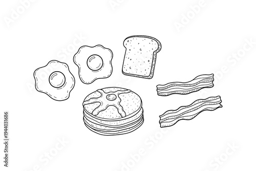 Hand-drawn breakfast favorites: eggs, pancakes, toast, and bacon in line art style