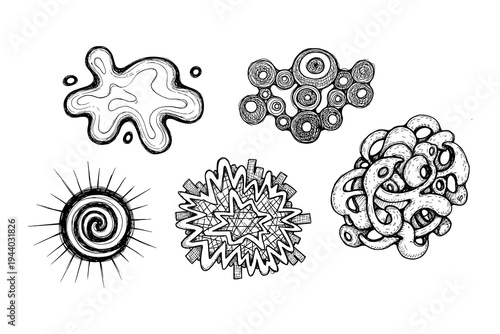 Hand-drawn abstract shapes with spirals and organic designs