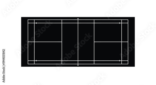 Aerial view of a badminton court with white lines on a black background