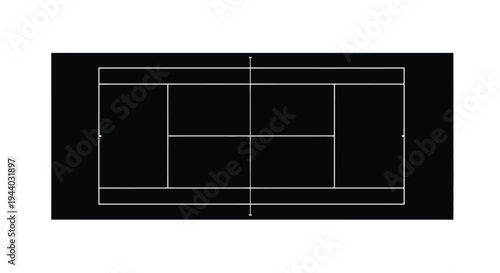 Aerial view of a tennis court with white lines on a black background