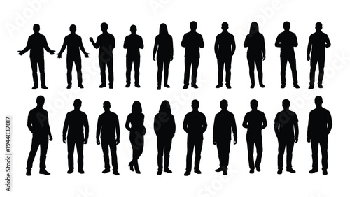 A comprehensive analysis of a diverse group of people silhouettes in various poses and attire