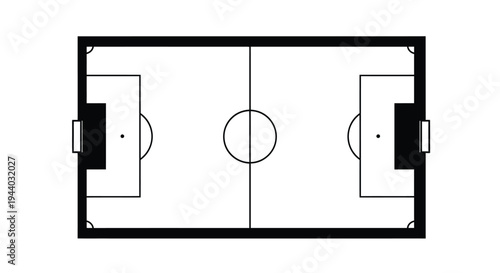 Overhead view of a simplified soccer field with goals and markings