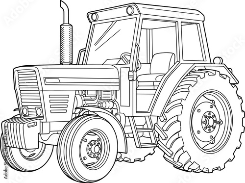 A black and white line drawing of a tractor with a canopy and large rear tire