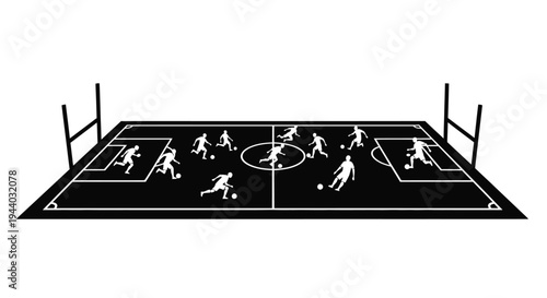 A black and white illustration depicting a soccer game in progress