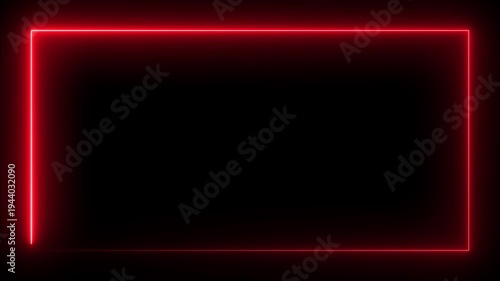 glowing neon red color square rectangle picture frame icon animation display neon box footage shape round seamless border retro movement on black background