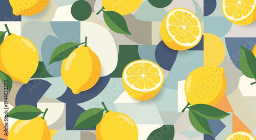Vibrant yellow lemons with green leaves on colorful abstract background sliced citrus fruits pattern