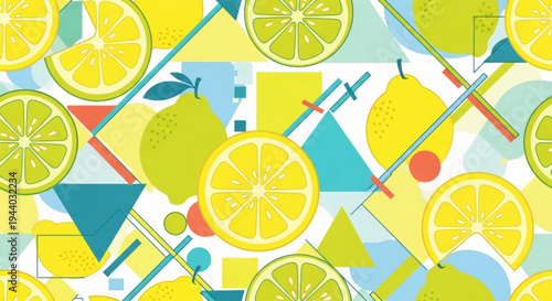 Vibrant citrus fruit pattern with lemons limes and geometric shapes in yellow green and blue hues on white background