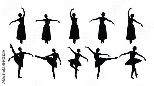 A collection of nine black silhouettes of ballet dancers in various poses, showcasing their elegance and poise in a visually appealing and artistic representation of dance and movement.