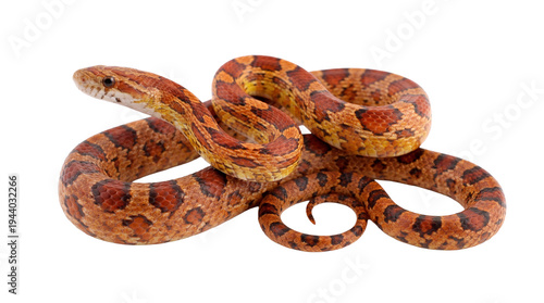 Foto Orange and red corn snake, Pantherophis guttatus, uncoiled and extended, with its head turned left