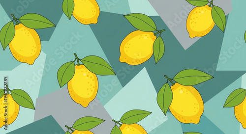 Vibrant yellow lemons with green leaves on a geometric teal background pattern