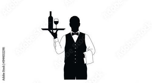 A silhouette of a waiter holding a tray with wine and a glass