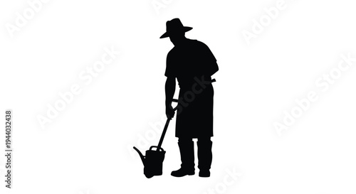 Silhouette of a gardener tending to plants with a watering can