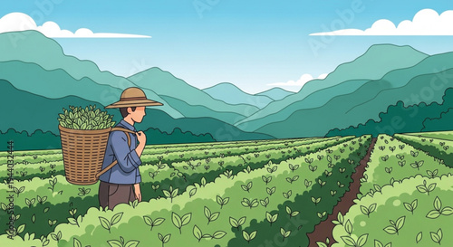 Farmer carrying basket of fresh green plants in lush field with mountains