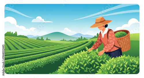 Farmer harvesting tea leaves in lush green tea plantation on sunny day with mountains