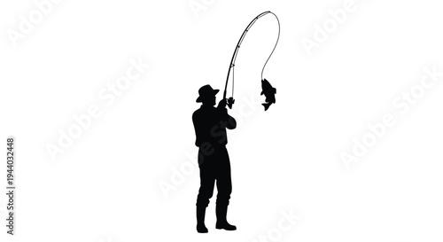 Silhouette of a fisherman reeling in a jumping fish with a rod