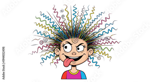 Crazy Hair Kid Showing Tongue, Cartoon Style