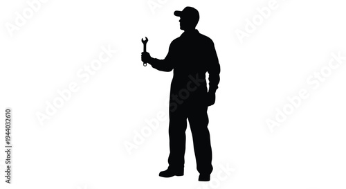 Silhouette of a mechanic holding a wrench against a white background
