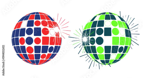 Disco Balls with Geometric Patterns and Light Bursts