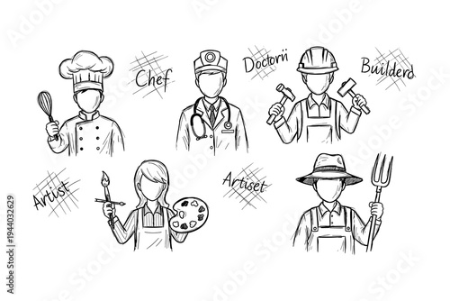 Hand drawn faceless professional figures featuring chef, doctor, builder, artist, and farmer