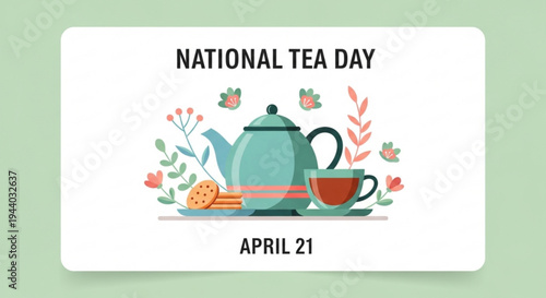 National tea day celebration with teapot cup and cookies on april 21st