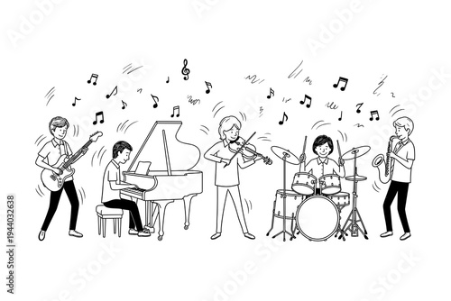 Musicians playing instruments in linear style concert scene