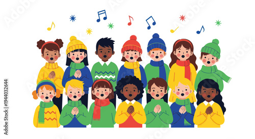 Diverse Children Choir Singing Christmas Carols, Festive Music Notes, Winter Holiday Celebration