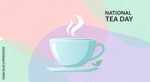 Steaming teacup on saucer with leaf pastel background national tea day celebration