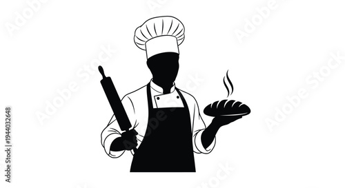 A black and white illustration of a chef presenting freshly baked bread