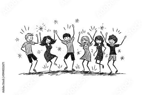 Energetic group of friends dancing in sketched style celebration scene