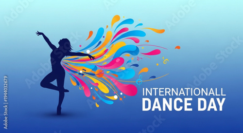 Silhouette of dancer celebrating international dance day with colorful splashes on blue background