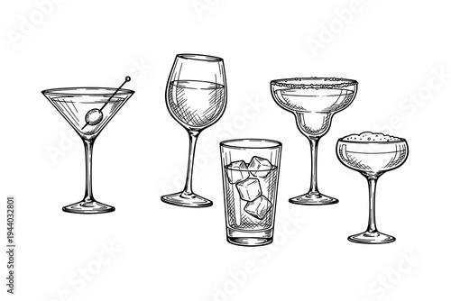 Vintage hand drawn glassware collection featuring classic cocktails and elegant wine glasses