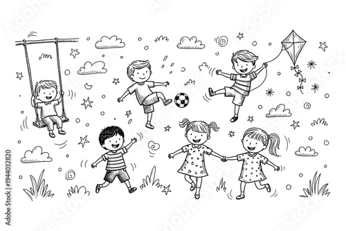 Playful kids sketch: children outdoor activities with swings and kites