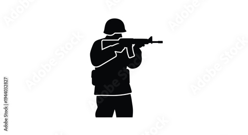 Silhouette of a soldier aiming a rifle in a combat stance