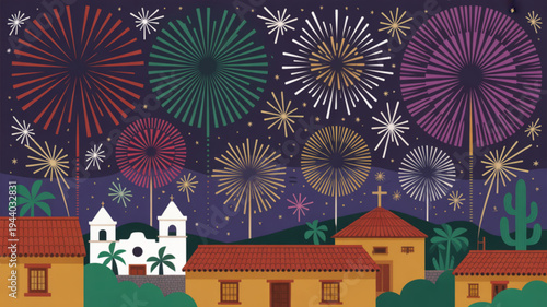Vibrant fireworks display over traditional mexican town at night with church and adobe buildings