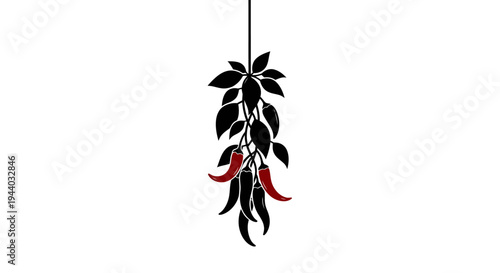 Hanging Red Chili Peppers with Green Leaves Illustration