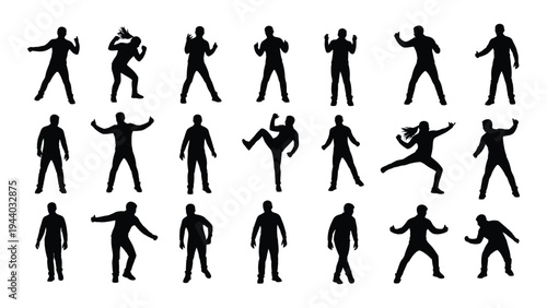 Collection of diverse human silhouettes engaged in various martial arts poses and movements