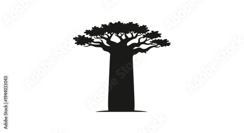 Silhouette of a Large Iconic Baobab Tree on White Background