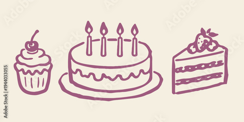 Birthday cake set naive hand drawn vector illustration